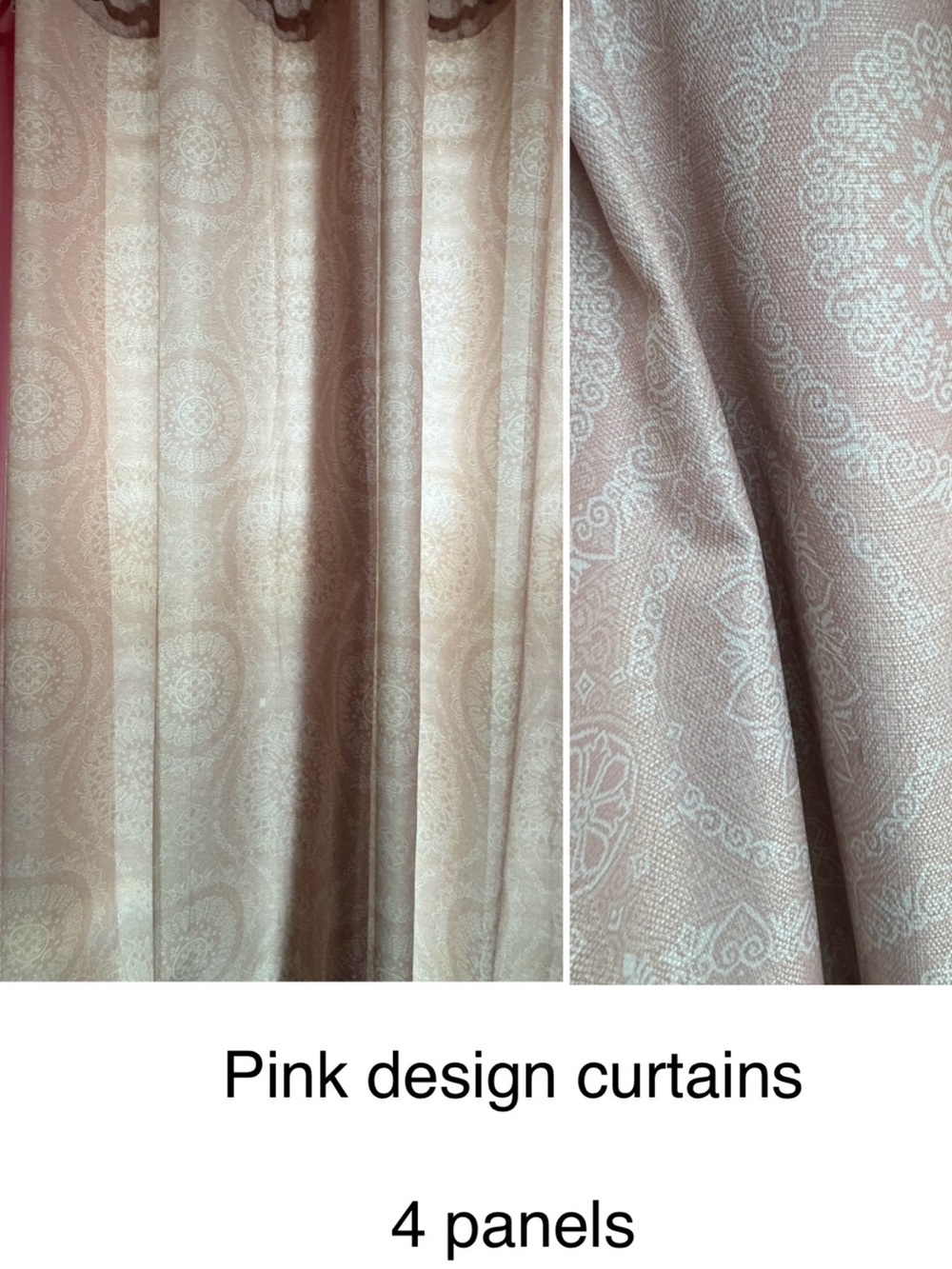 Pink Medallion Pattern Curtain Panels (4), vase, faux flowers, banner, wall art